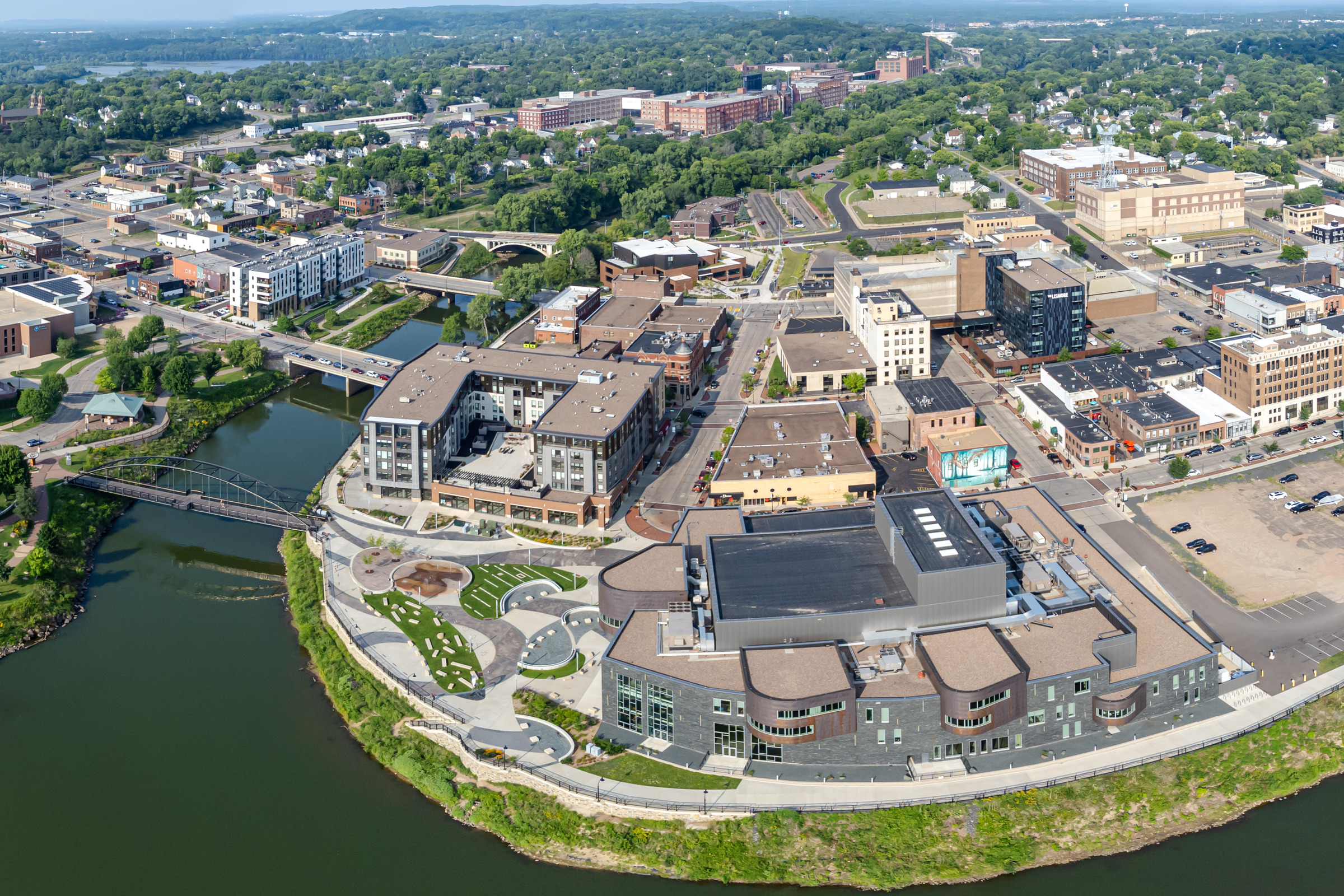 Aerial view of downtown Eau Claire, Wisconsin along the Chippewa River