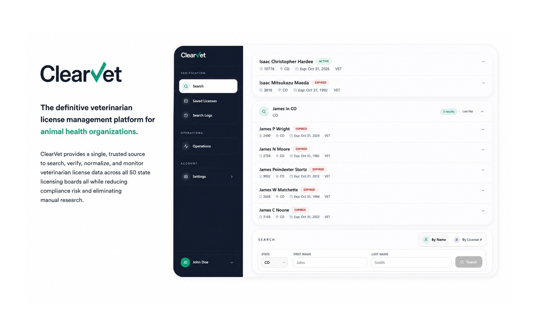 ClearVet by Reliance veterinarian license management platform — search, verify, normalize, and monitor DVM license data across all 50 state boards.