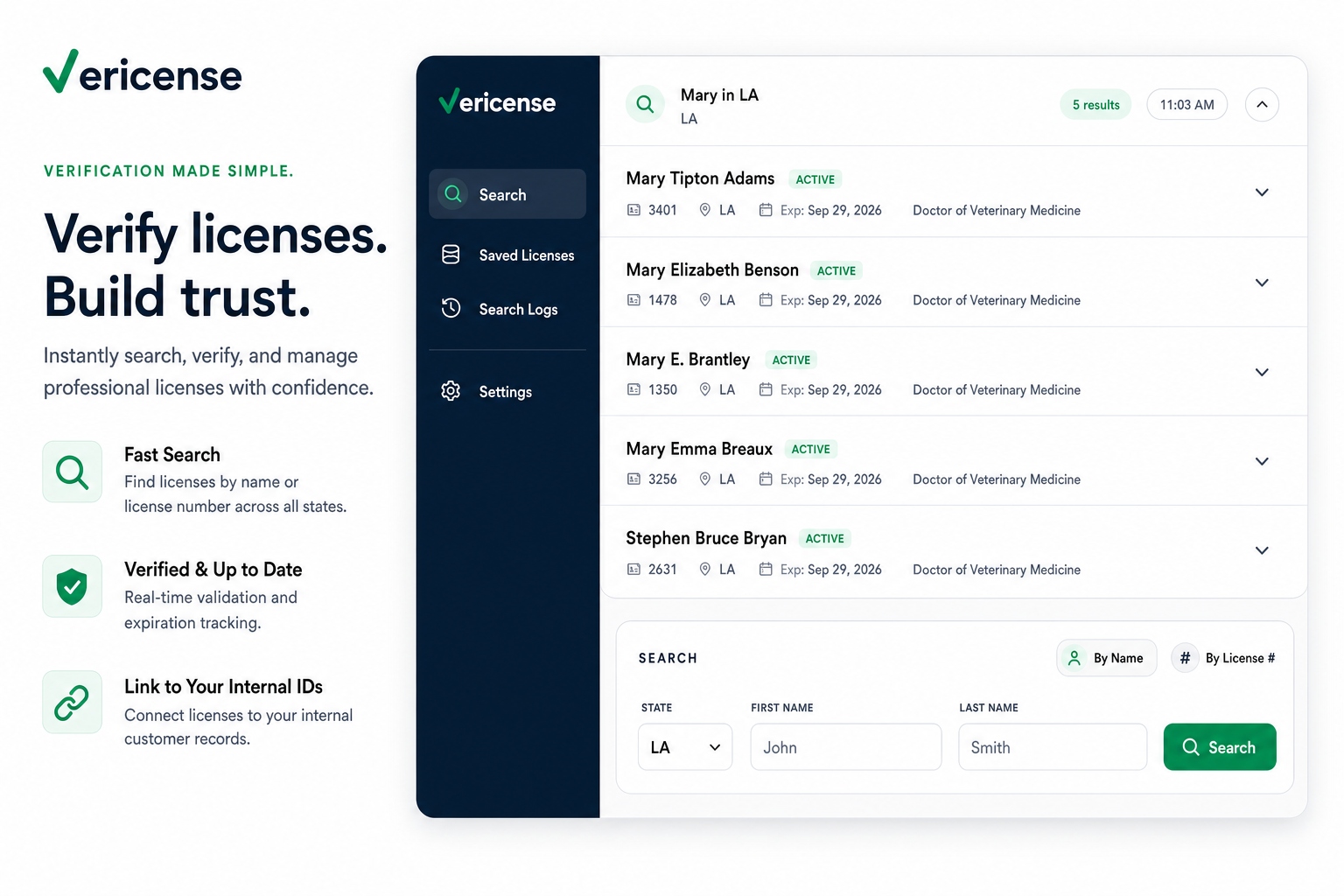 Vericense license verification product — instantly search, verify, and manage professional licenses with confidence.